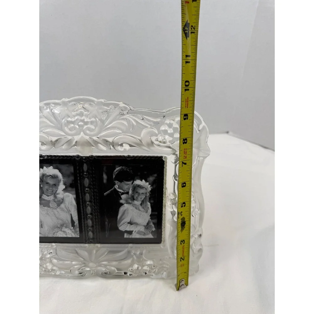 Vintage Frosted Glass Double Picture Frame Floral Relief Wedding Decor 11.5x9